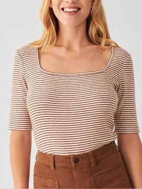 Faherty Legend Rib Square Neck Stripe Top Beige Brown Size Small